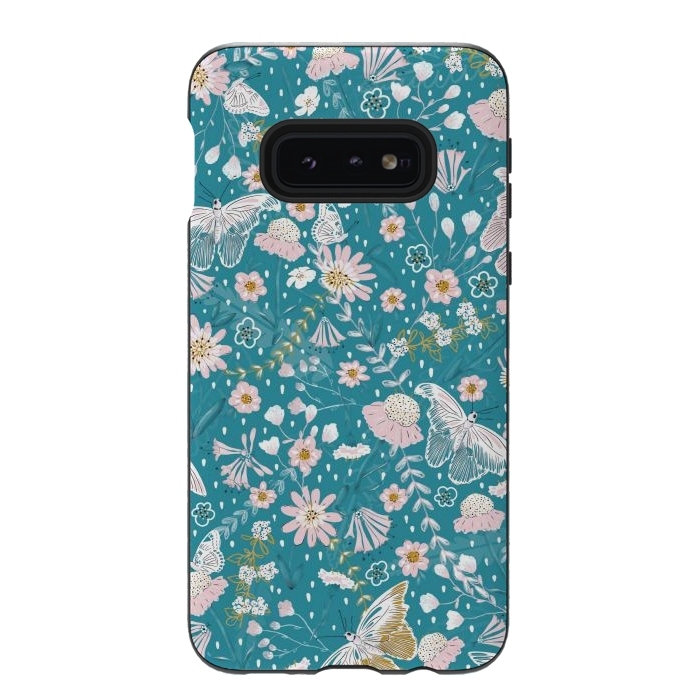 Galaxy S10e StrongFit Delicate Daisies and Butterflies half-drop repeat pattern on Blue by Paula Ohreen