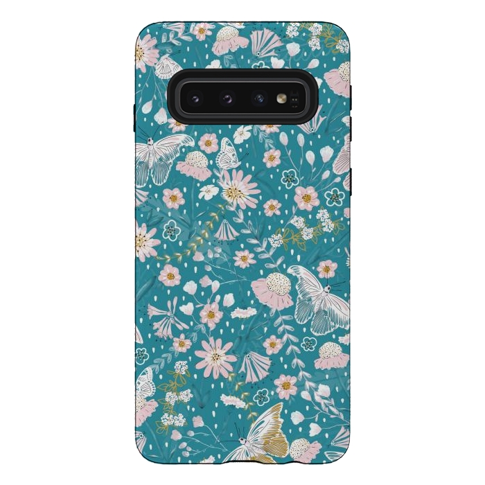 Galaxy S10 StrongFit Delicate Daisies and Butterflies half-drop repeat pattern on Blue by Paula Ohreen