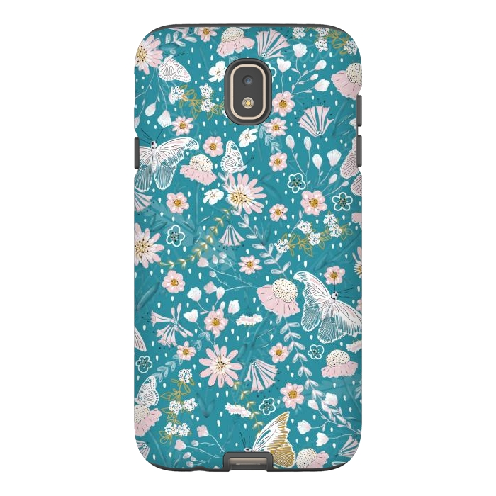 Galaxy J7 StrongFit Delicate Daisies and Butterflies half-drop repeat pattern on Blue by Paula Ohreen