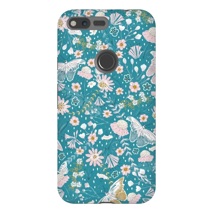 Pixel XL StrongFit Delicate Daisies and Butterflies half-drop repeat pattern on Blue by Paula Ohreen