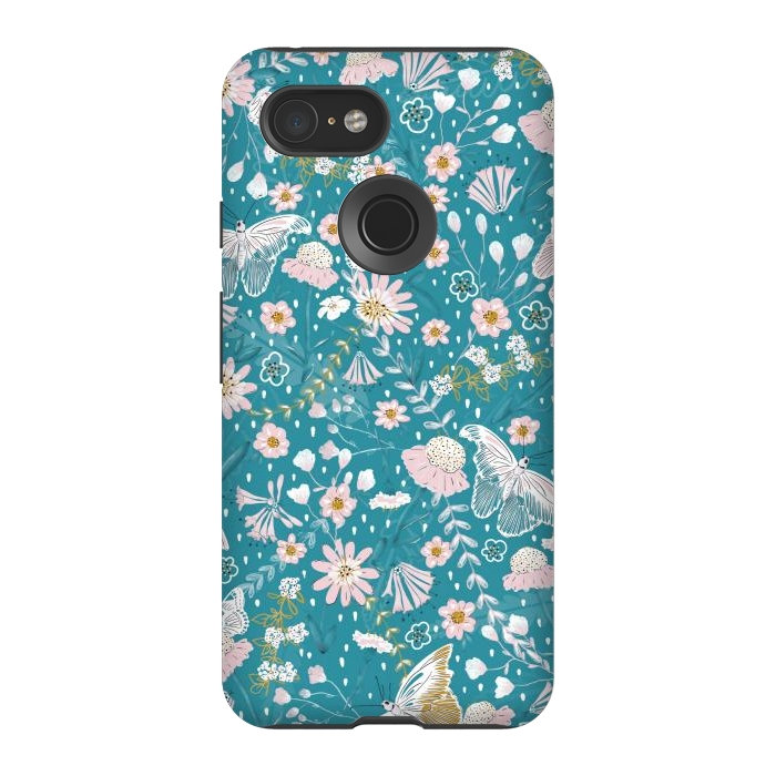 Pixel 3 StrongFit Delicate Daisies and Butterflies half-drop repeat pattern on Blue by Paula Ohreen