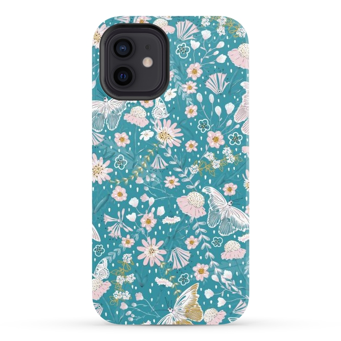 iPhone 12 StrongFit Delicate Daisies and Butterflies half-drop repeat pattern on Blue por Paula Ohreen