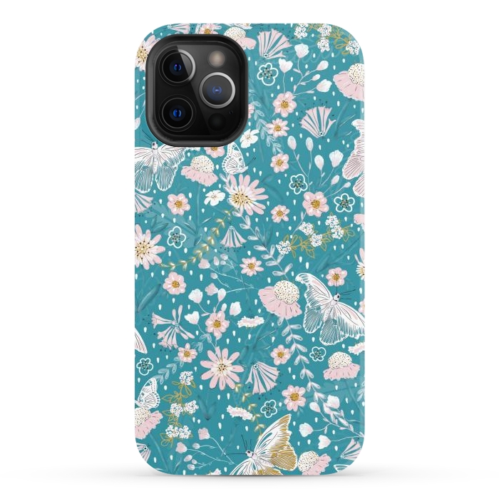 iPhone 12 Pro StrongFit Delicate Daisies and Butterflies half-drop repeat pattern on Blue by Paula Ohreen