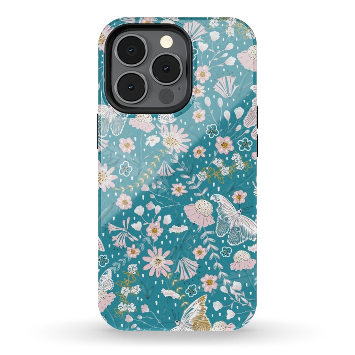 iPhone 13 pro StrongFit Delicate Daisies and Butterflies half-drop repeat pattern on Blue by Paula Ohreen