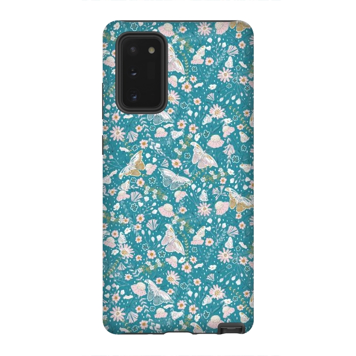 Galaxy Note 20 StrongFit Delicate Daisies and Butterflies half-drop repeat pattern on Blue by Paula Ohreen