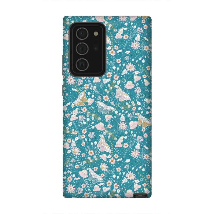 Galaxy Note 20 Ultra StrongFit Delicate Daisies and Butterflies half-drop repeat pattern on Blue by Paula Ohreen