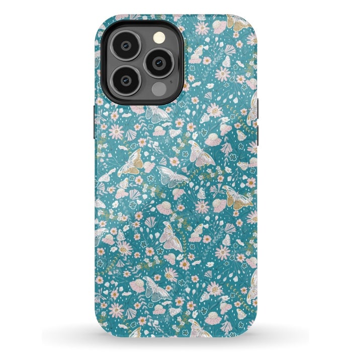 iPhone 13 Pro Max StrongFit Delicate Daisies and Butterflies half-drop repeat pattern on Blue by Paula Ohreen