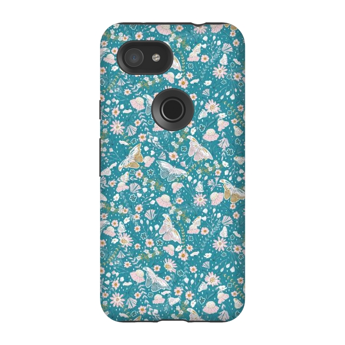 Pixel 3A StrongFit Delicate Daisies and Butterflies half-drop repeat pattern on Blue by Paula Ohreen