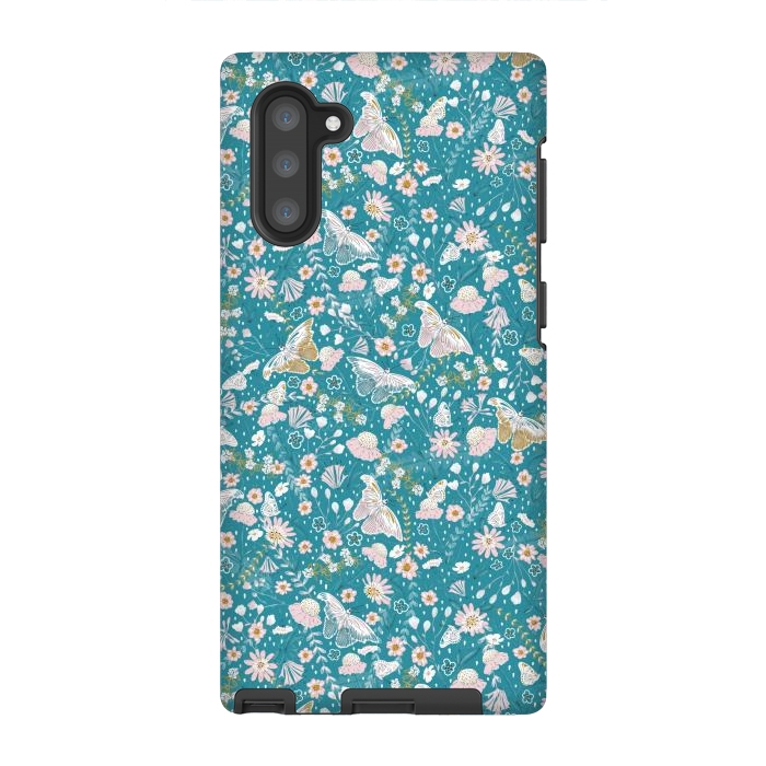 Galaxy Note 10 StrongFit Delicate Daisies and Butterflies half-drop repeat pattern on Blue by Paula Ohreen