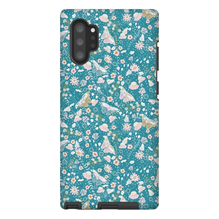 Galaxy Note 10 plus StrongFit Delicate Daisies and Butterflies half-drop repeat pattern on Blue by Paula Ohreen