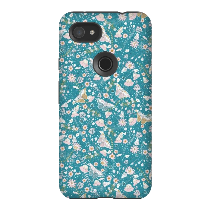 Pixel 3AXL StrongFit Delicate Daisies and Butterflies half-drop repeat pattern on Blue by Paula Ohreen