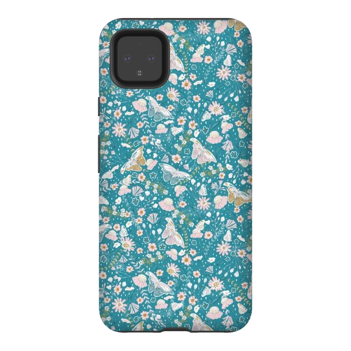 Pixel 4XL StrongFit Delicate Daisies and Butterflies half-drop repeat pattern on Blue by Paula Ohreen
