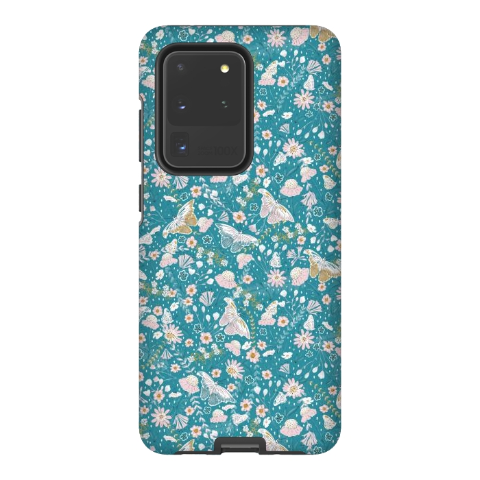 Galaxy S20 Ultra StrongFit Delicate Daisies and Butterflies half-drop repeat pattern on Blue by Paula Ohreen