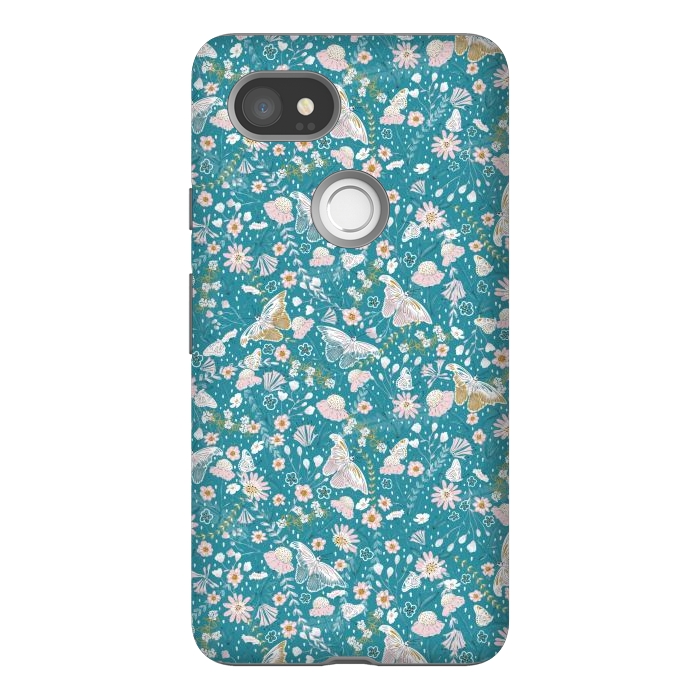 Pixel 2XL StrongFit Delicate Daisies and Butterflies half-drop repeat pattern on Blue by Paula Ohreen