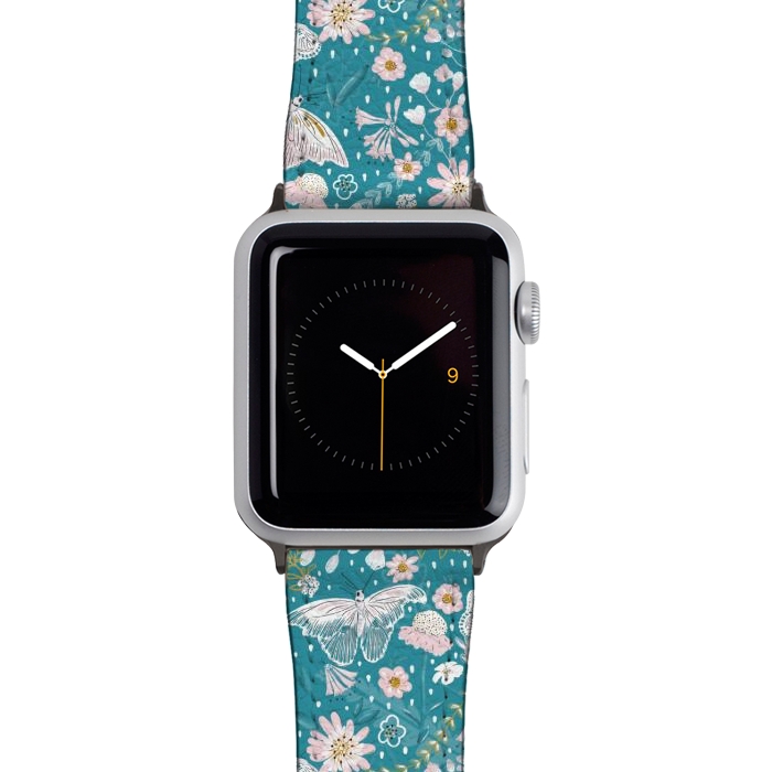 Watch 38mm / 40mm Strap PU leather Delicate Daisies and Butterflies half-drop repeat pattern on Blue by Paula Ohreen