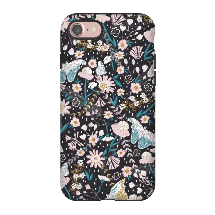 iPhone 7 StrongFit Delicate Daisies and Butterflies half-drop repeat pattern on Black by Paula Ohreen