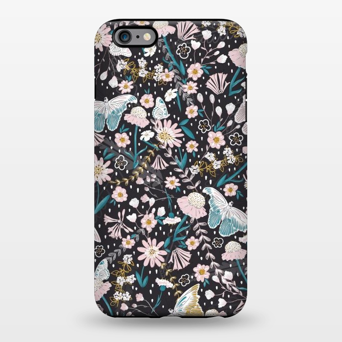 iPhone 6/6s plus StrongFit Delicate Daisies and Butterflies half-drop repeat pattern on Black by Paula Ohreen