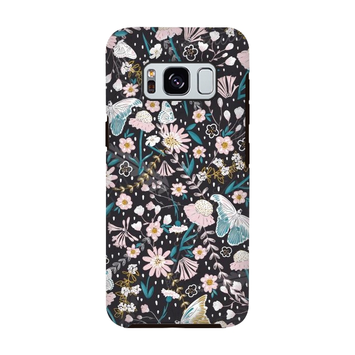 Galaxy S8 StrongFit Delicate Daisies and Butterflies half-drop repeat pattern on Black by Paula Ohreen