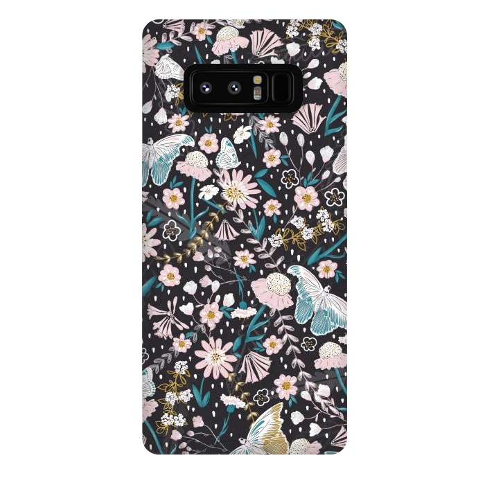 Galaxy Note 8 StrongFit Delicate Daisies and Butterflies half-drop repeat pattern on Black by Paula Ohreen