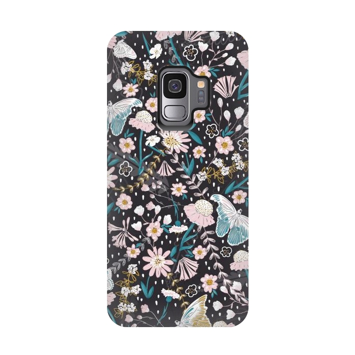 Galaxy S9 StrongFit Delicate Daisies and Butterflies half-drop repeat pattern on Black by Paula Ohreen