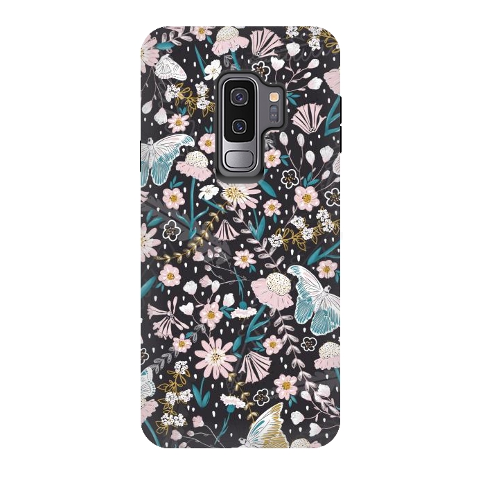 Galaxy S9 plus StrongFit Delicate Daisies and Butterflies half-drop repeat pattern on Black by Paula Ohreen