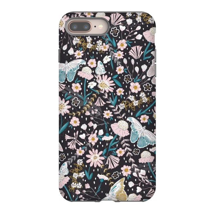 iPhone 8 plus StrongFit Delicate Daisies and Butterflies half-drop repeat pattern on Black by Paula Ohreen