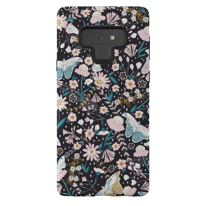 Galaxy Note 9 StrongFit Delicate Daisies and Butterflies half-drop repeat pattern on Black by Paula Ohreen