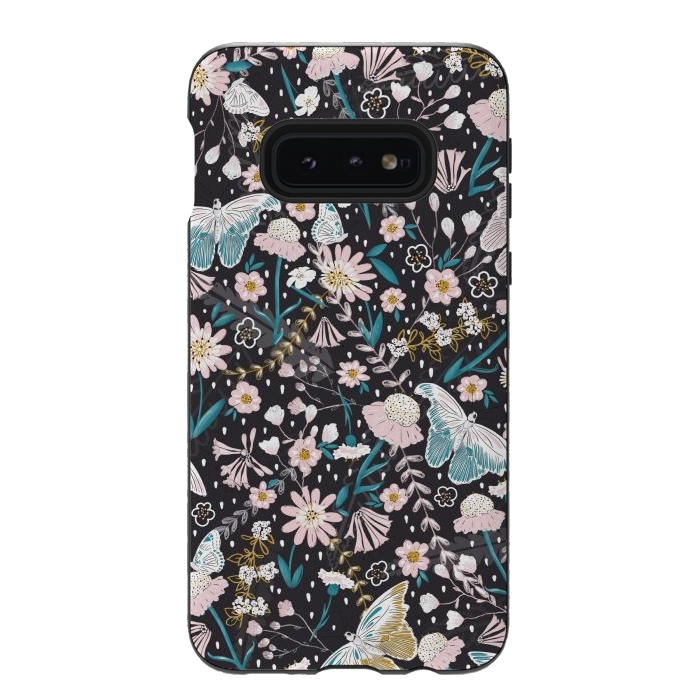 Galaxy S10e StrongFit Delicate Daisies and Butterflies half-drop repeat pattern on Black by Paula Ohreen