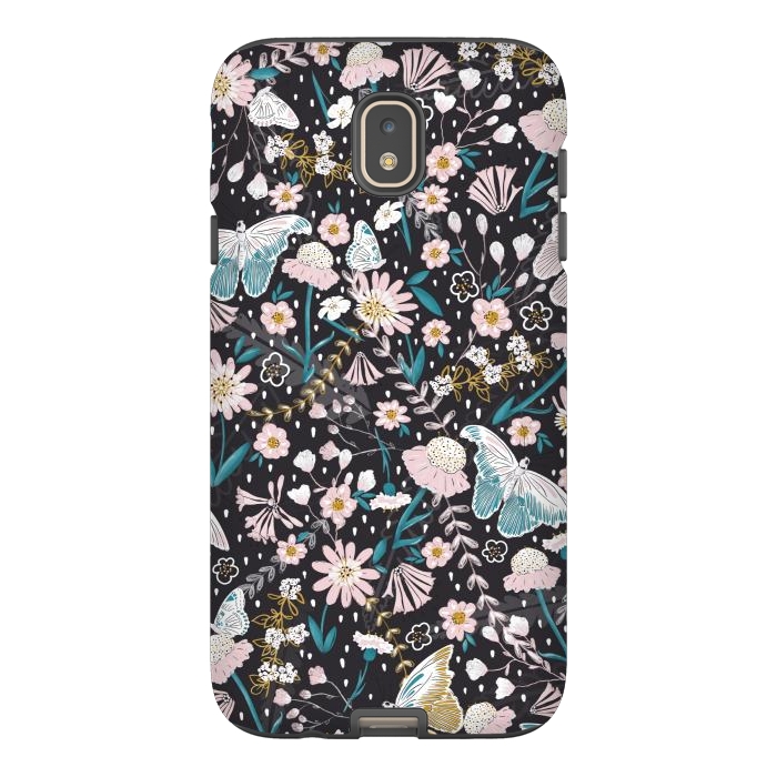 Galaxy J7 StrongFit Delicate Daisies and Butterflies half-drop repeat pattern on Black by Paula Ohreen
