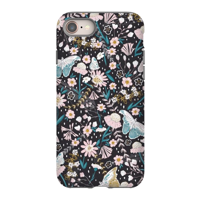iPhone SE StrongFit Delicate Daisies and Butterflies half-drop repeat pattern on Black by Paula Ohreen