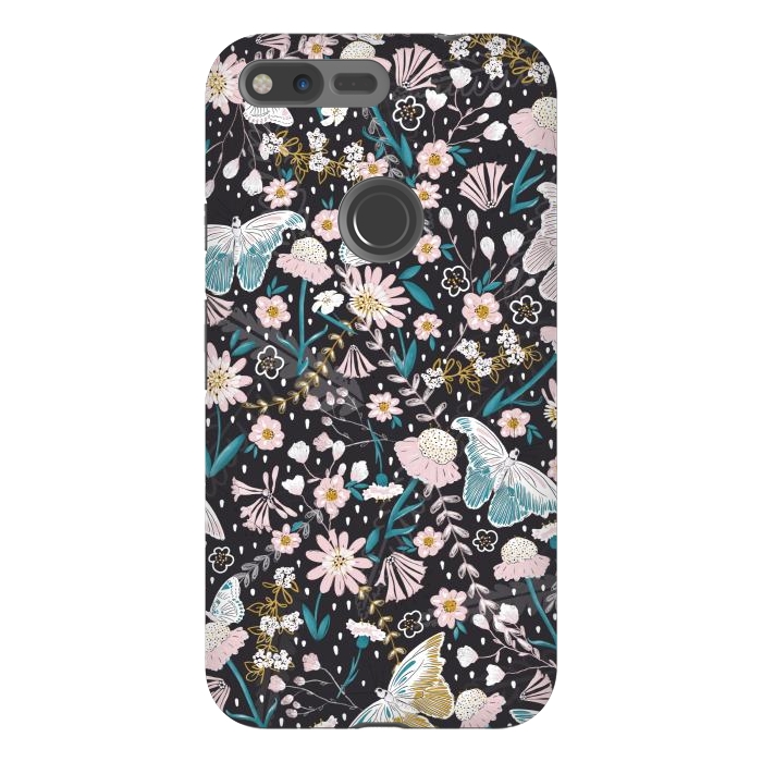 Pixel XL StrongFit Delicate Daisies and Butterflies half-drop repeat pattern on Black by Paula Ohreen