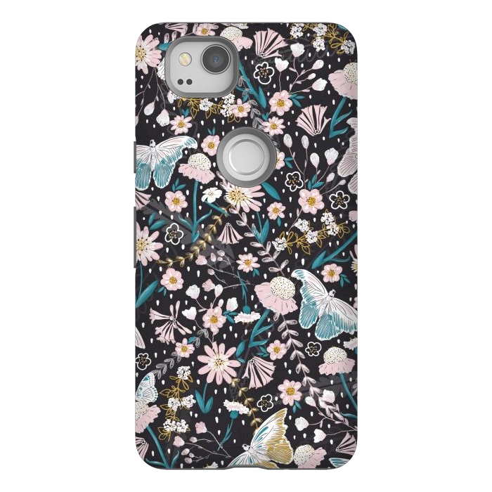 Pixel 2 StrongFit Delicate Daisies and Butterflies half-drop repeat pattern on Black by Paula Ohreen
