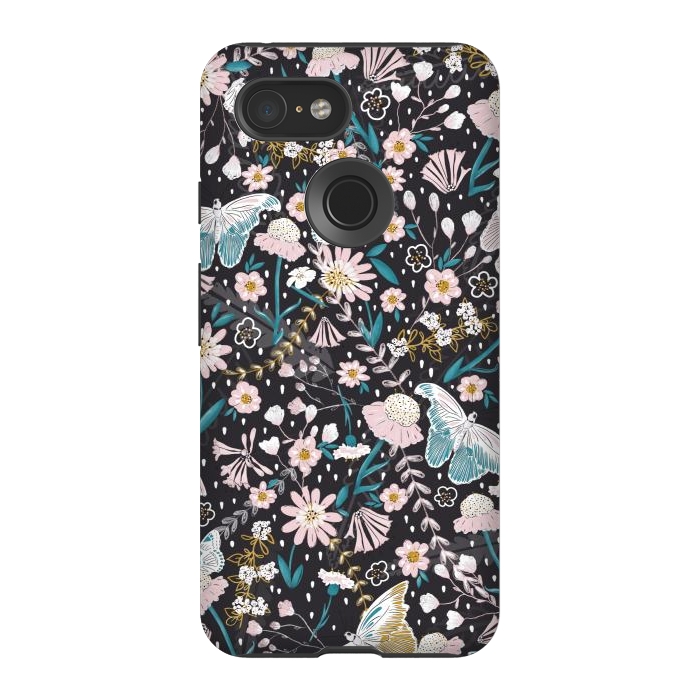 Pixel 3 StrongFit Delicate Daisies and Butterflies half-drop repeat pattern on Black by Paula Ohreen