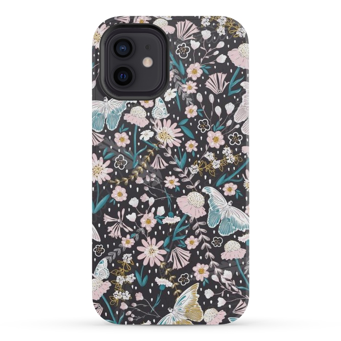 iPhone 12 mini StrongFit Delicate Daisies and Butterflies half-drop repeat pattern on Black by Paula Ohreen