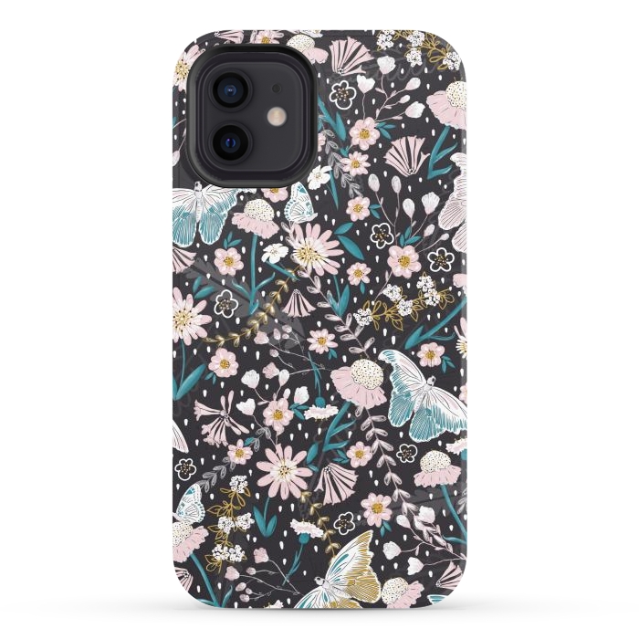 iPhone 12 StrongFit Delicate Daisies and Butterflies half-drop repeat pattern on Black by Paula Ohreen
