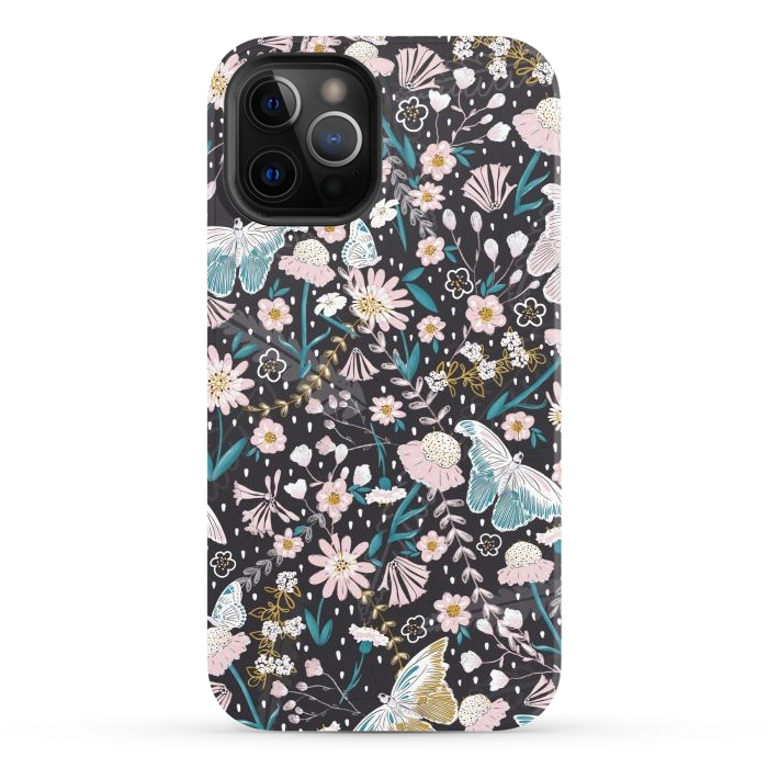 iPhone 12 Pro StrongFit Delicate Daisies and Butterflies half-drop repeat pattern on Black by Paula Ohreen