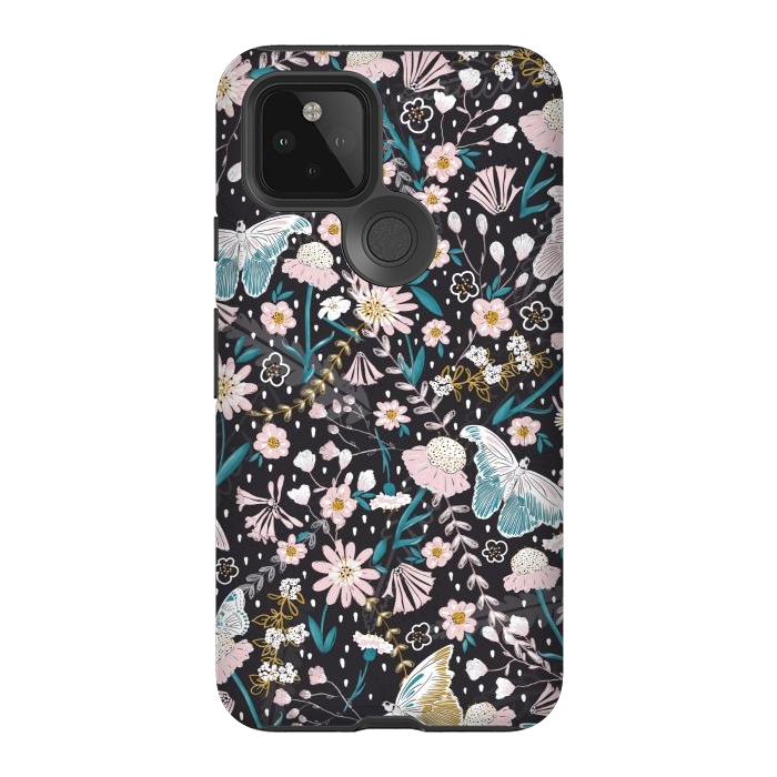 Pixel 5 StrongFit Delicate Daisies and Butterflies half-drop repeat pattern on Black by Paula Ohreen