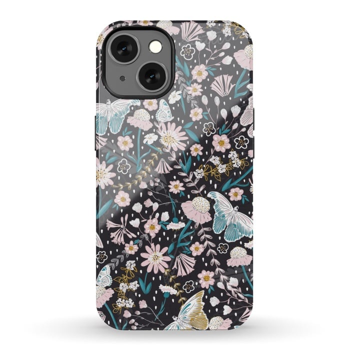 iPhone 13 StrongFit Delicate Daisies and Butterflies half-drop repeat pattern on Black by Paula Ohreen