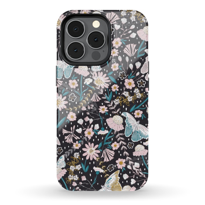 iPhone 13 pro StrongFit Delicate Daisies and Butterflies half-drop repeat pattern on Black by Paula Ohreen
