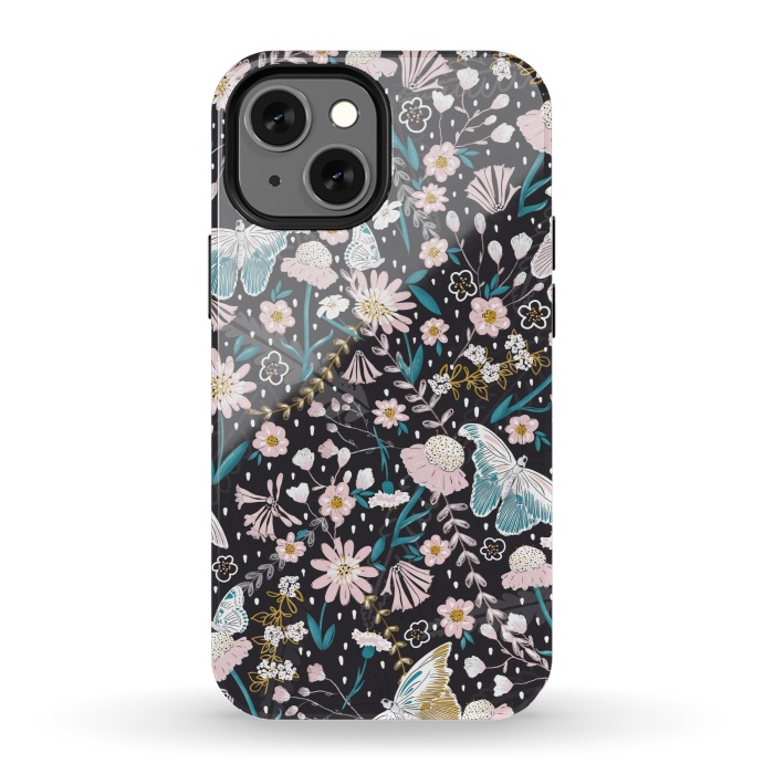 iPhone 13 mini StrongFit Delicate Daisies and Butterflies half-drop repeat pattern on Black by Paula Ohreen