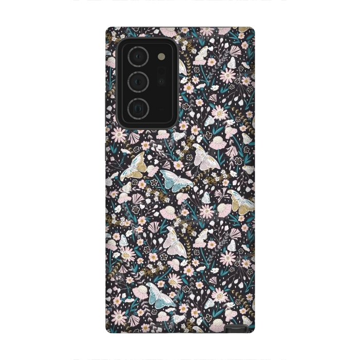 Galaxy Note 20 Ultra StrongFit Delicate Daisies and Butterflies half-drop repeat pattern on Black by Paula Ohreen