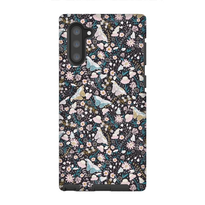 Galaxy Note 10 StrongFit Delicate Daisies and Butterflies half-drop repeat pattern on Black by Paula Ohreen