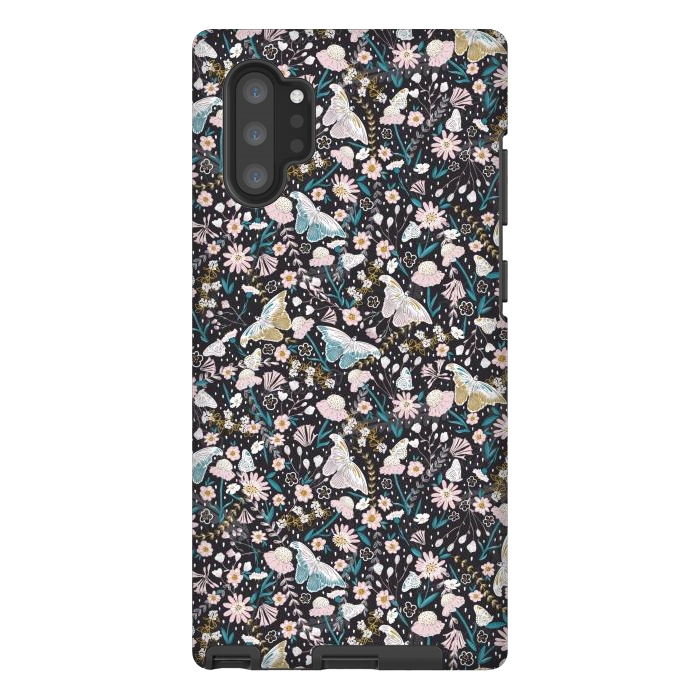 Galaxy Note 10 plus StrongFit Delicate Daisies and Butterflies half-drop repeat pattern on Black by Paula Ohreen