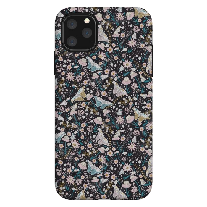 iPhone 11 Pro Max StrongFit Delicate Daisies and Butterflies half-drop repeat pattern on Black by Paula Ohreen
