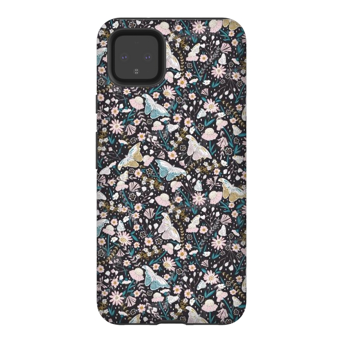 Pixel 4XL StrongFit Delicate Daisies and Butterflies half-drop repeat pattern on Black by Paula Ohreen