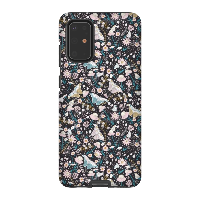 Galaxy S20 Plus StrongFit Delicate Daisies and Butterflies half-drop repeat pattern on Black by Paula Ohreen