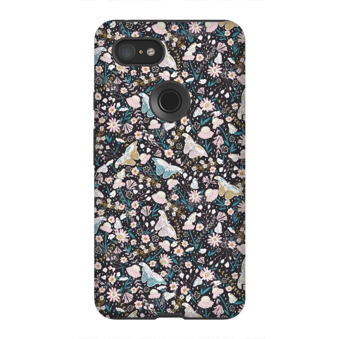 Pixel 3XL StrongFit Delicate Daisies and Butterflies half-drop repeat pattern on Black by Paula Ohreen