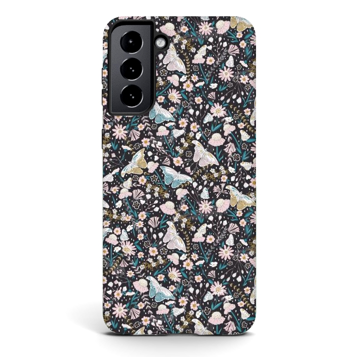 Galaxy S21 StrongFit Delicate Daisies and Butterflies half-drop repeat pattern on Black by Paula Ohreen