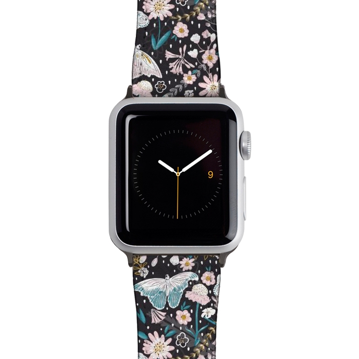 Watch 38mm / 40mm Strap PU leather Delicate Daisies and Butterflies half-drop repeat pattern on Black by Paula Ohreen