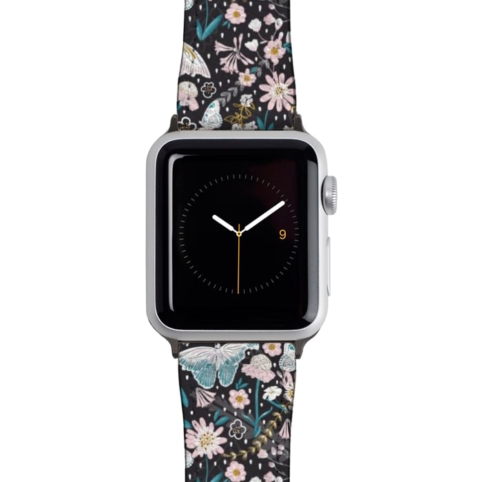 Watch 42mm / 44mm Strap PU leather Delicate Daisies and Butterflies half-drop repeat pattern on Black by Paula Ohreen
